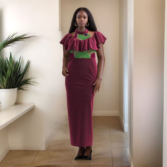 Bintarealwax Velour African Elegant Dresses for Women Lady Party Weaving Velour Collar African Print A-line Dress Evening Dresses WY10839