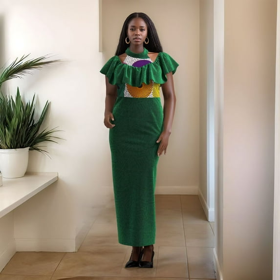 Bintarealwax Velour African Elegant Dresses for Women Lady Party Weaving Velour Collar African Print A-line Dress Evening Dresses WY10839