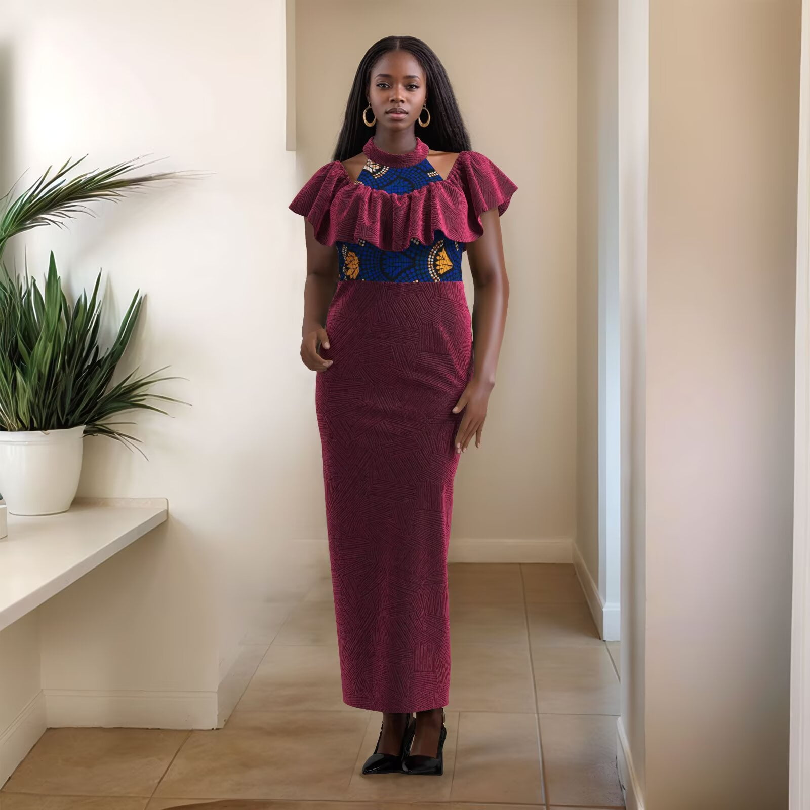 Velour African Elegant Dresses for Women Lady Party Weaving Velour Collar African Print A-line Dress Evening Dresses WY10839