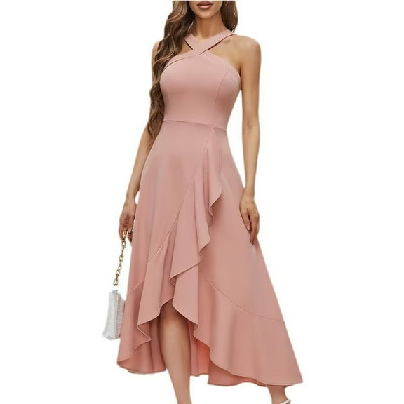 Bintarealwax Wedding Guest Dresses for Women V Neck Formal Dress for Women Sleeveless Halter Aline Maxi Evening XK001