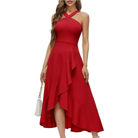 Bintarealwax Wedding Guest Dresses for Women V Neck Formal Dress for Women Sleeveless Halter Aline Maxi Evening XK001