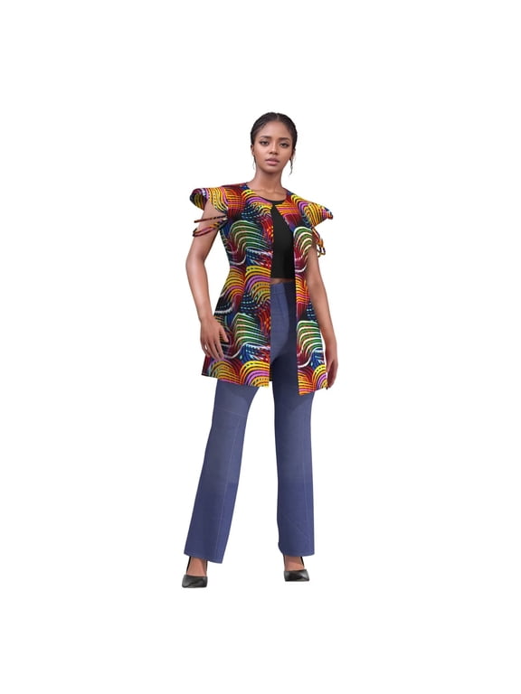 Women African Clothes Open Front Vest Coat Short Flutter Cap Sleeve Blazer Jacket Outerwear with Pockets WY10326