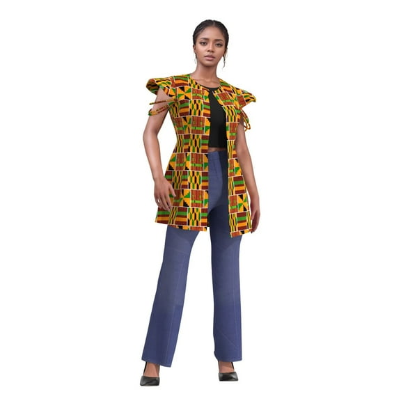 Bintarealwax Women African Clothes Open Front Vest Coat Short Flutter Cap Sleeve Blazer Jacket Outerwear with Pockets WY10326