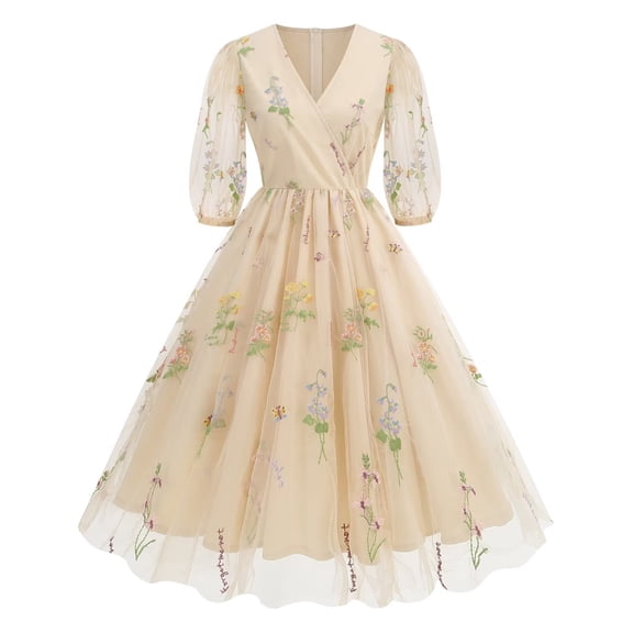 Bintarealwax Women Floral Embroidery Dress Sheer Mesh Tulle V Neck Wedding Party Prom Evening Dress