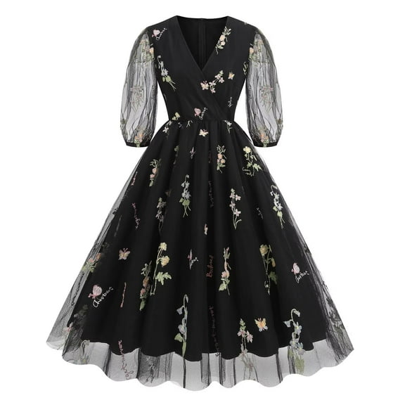 Bintarealwax Women Floral Embroidery Dress Sheer Mesh Tulle V Neck Wedding Party Prom Evening Dress