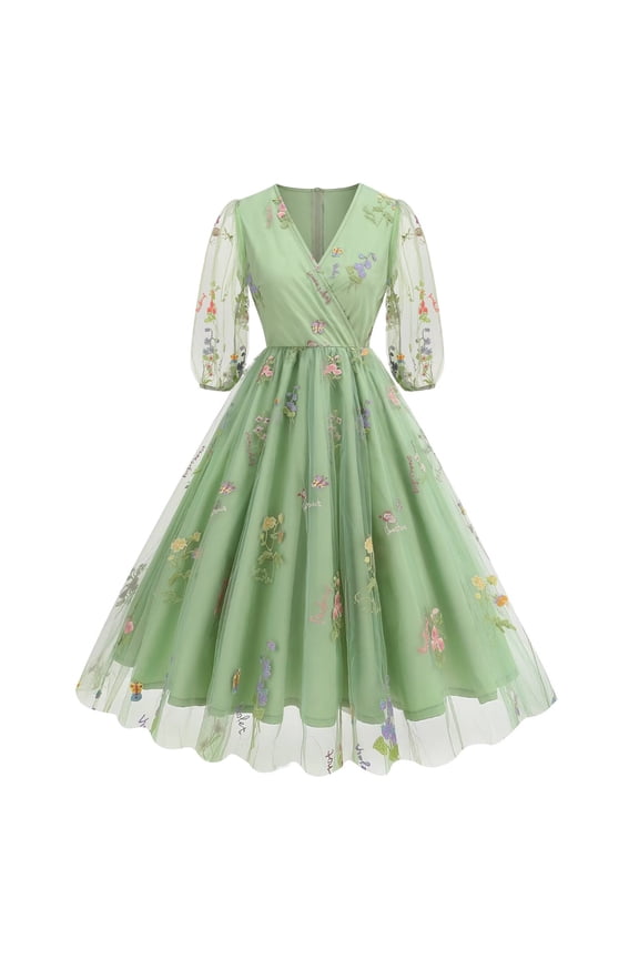 Women Floral Embroidery Dress Sheer Mesh Tulle V Neck Wedding Party Prom Evening Dress