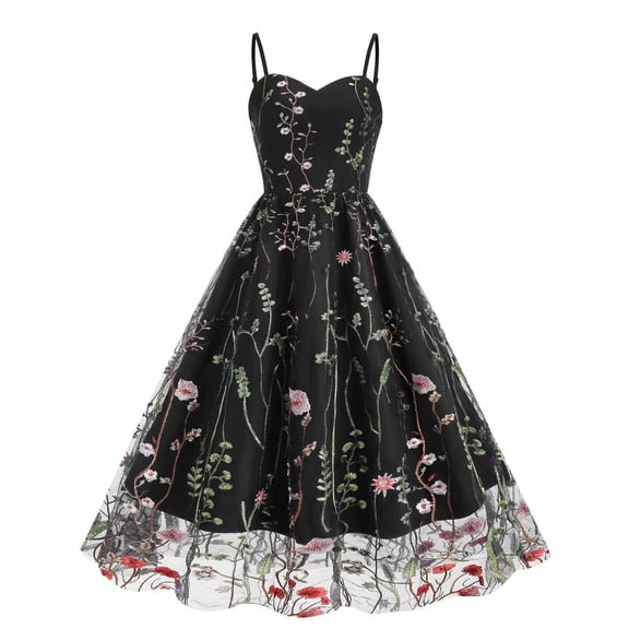 Bintarealwax Women Floral Embroidery Spaghetti Strap Dress Sheer Mesh Vintage Swing Wedding Party Prom Tulle Evening Dresses