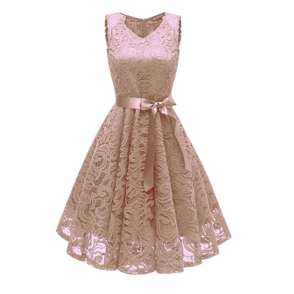 Bintarealwax Women Floral Lace Bridesmaid Party Dress Short Prom Dress V Neck Bow-knot Sleeveless Dresses