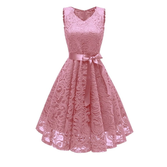 Bintarealwax Women Floral Lace Bridesmaid Party Dress Short Prom Dress V Neck Bow-knot Sleeveless Dresses