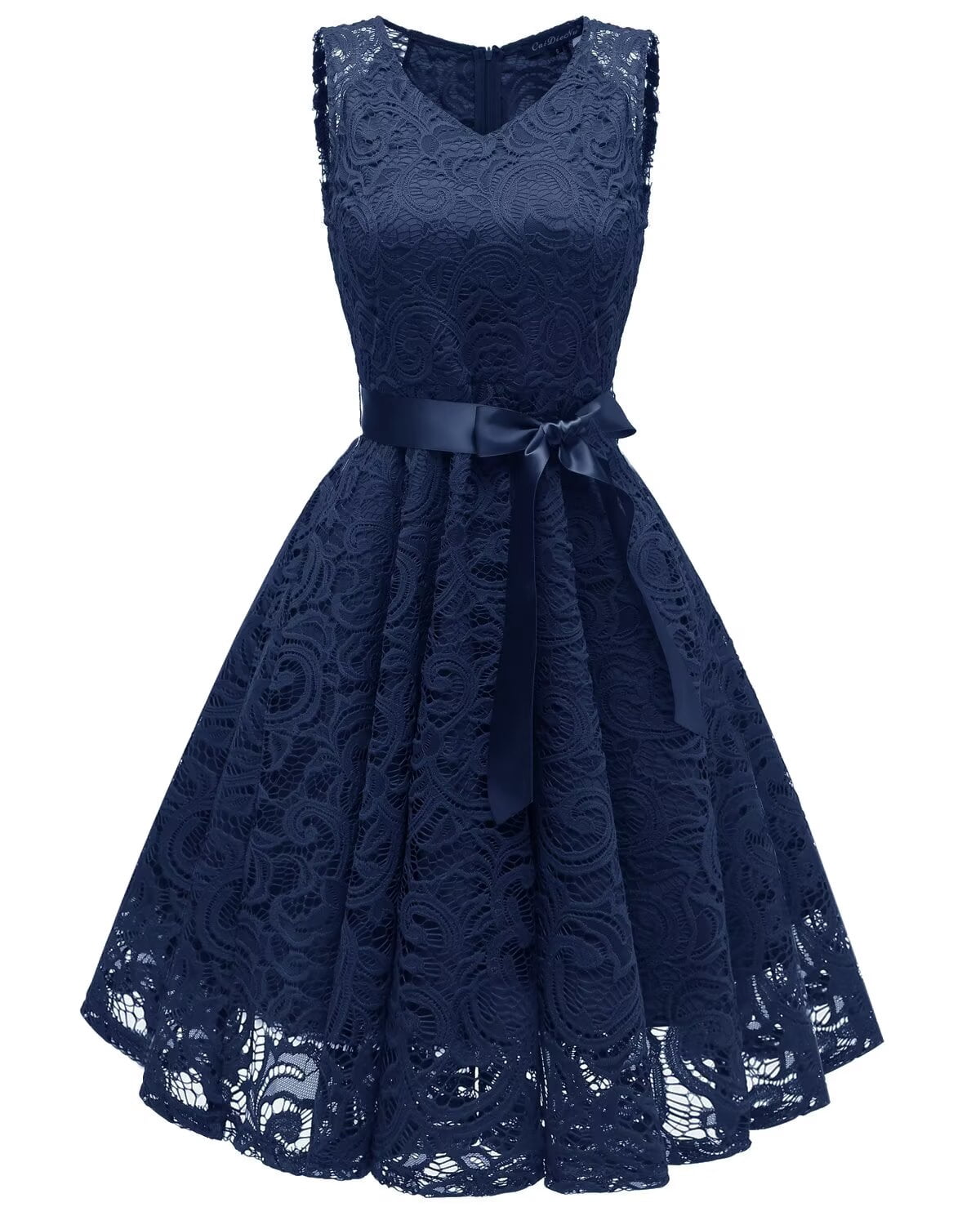 Women's Satin Short Prom Dress With Flower Print - O Neck, Sleeveless, Lace Up Back For Wedding, Homecoming & Party