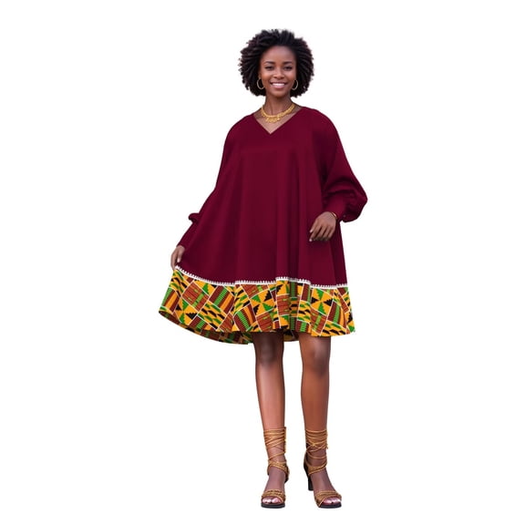 Bintarealwax Women Mini Dress V Neck Long Sleeve Loose Casual Beach Dresses with Traditional African Print Hem WYL143