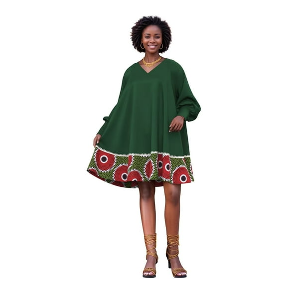 Bintarealwax Women Mini Dress V Neck Long Sleeve Loose Casual Beach Dresses with Traditional African Print Hem WYL143