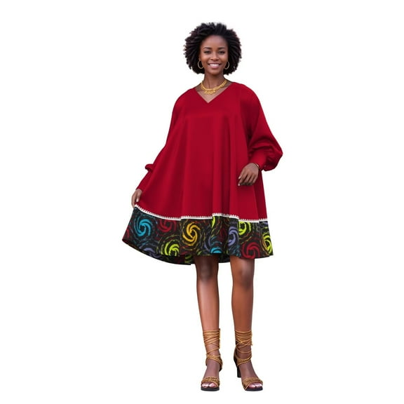 Bintarealwax Women Mini Dress V Neck Long Sleeve Loose Casual Beach Dresses with Traditional African Print Hem WYL143