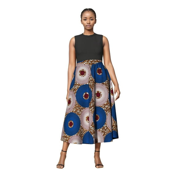 Bintarealwax Women's African Print Skirt High Waist Vintage A Line Ankara Pleated Midi Skirt Dashiki Clothing