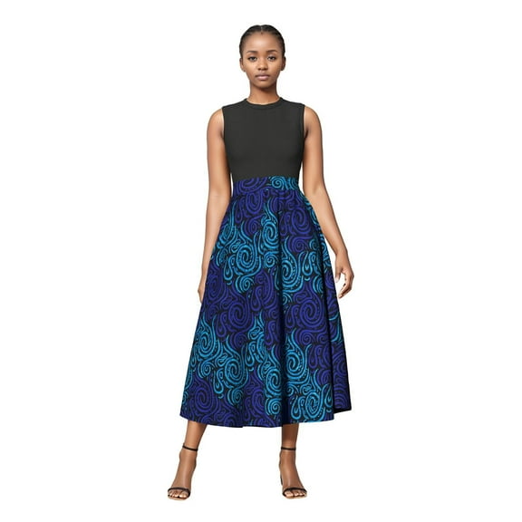 Bintarealwax Women's African Print Skirt High Waist Vintage A Line Ankara Pleated Midi Skirt Dashiki Clothing