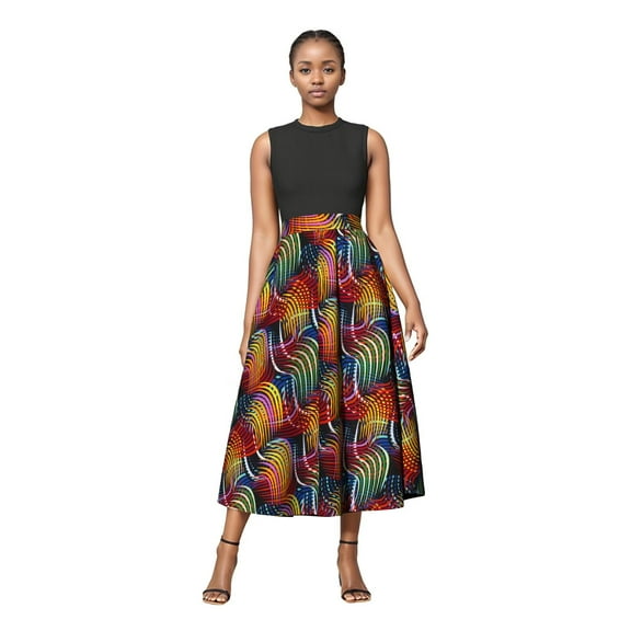Bintarealwax Women's African Print Skirt High Waist Vintage A Line Ankara Pleated Midi Skirt Dashiki Clothing