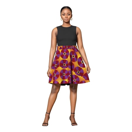 Bintarealwax Women's African Print Skirt High Waist Ankara Flare Pleated Short Skirt Casual Dashiki