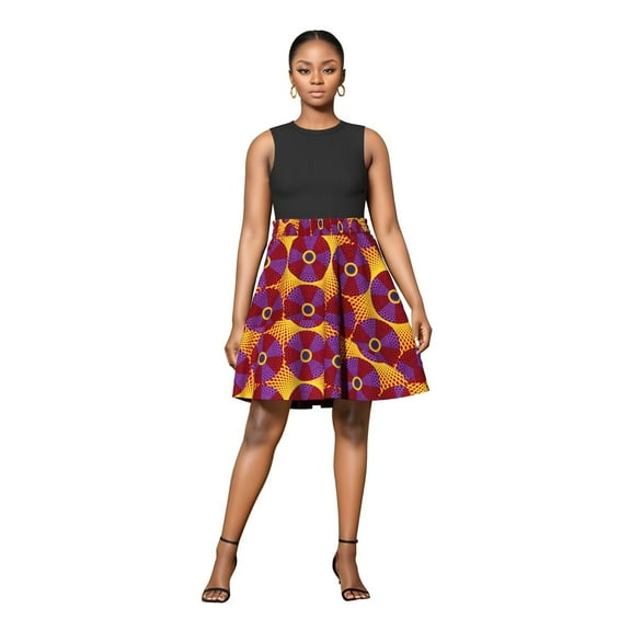 Bintarealwax Women's African Print Skirt High Waist Ankara Flare Pleated Short Skirt Casual Dashiki