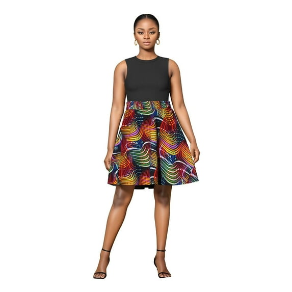 Bintarealwax Women's African Print Skirt High Waist Ankara Flare Pleated Short Skirt Casual Dashiki