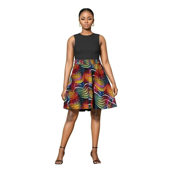 Bintarealwax Women's African Print Skirt High Waist Ankara Flare Pleated Short Skirt Casual Dashiki