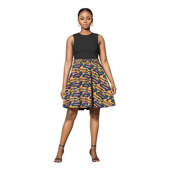 Bintarealwax Women's African Print Skirt High Waist Ankara Flare Pleated Short Skirt Casual Dashiki