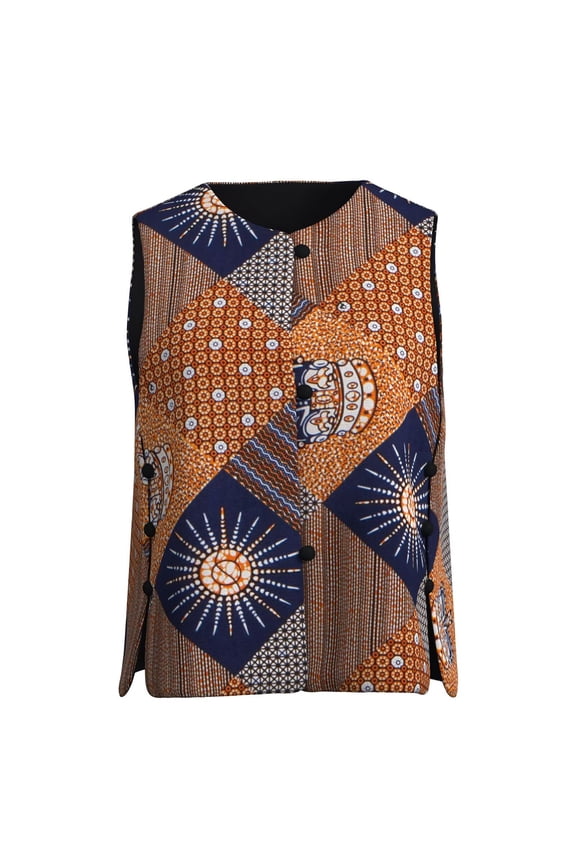 Women's African Print Vest Sleeveless Crewneck Button Down Side Office Waistcoat Vest Outerwear WY11073