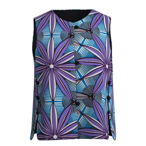 Bintarealwax Women's African Print Vest Sleeveless Crewneck Button Down Side Office Waistcoat Vest Outerwear WY11073
