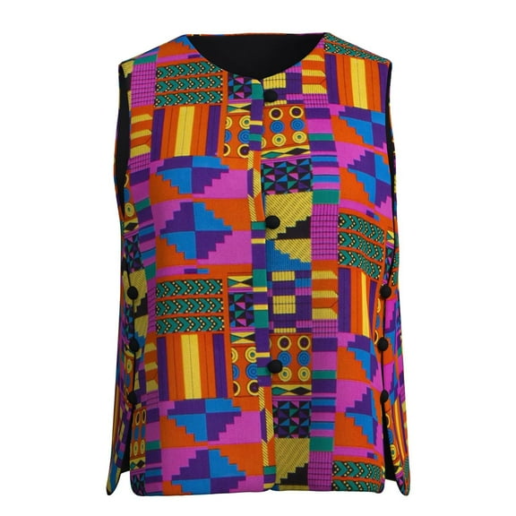 Bintarealwax Women's African Print Vest Sleeveless Crewneck Button Down Side Office Waistcoat Vest Outerwear WY11073