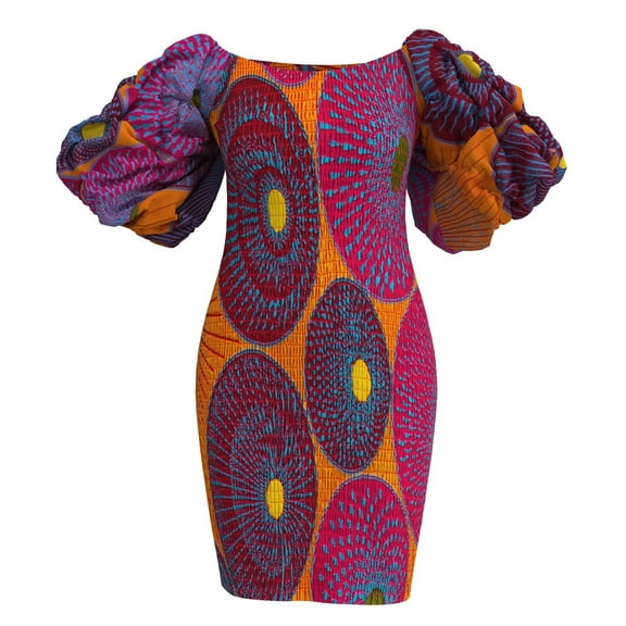 Bintarealwax Women's Sexy Smocked Dress African Print Puff Sleeve Bodycon Mini Dress Club Party Summer