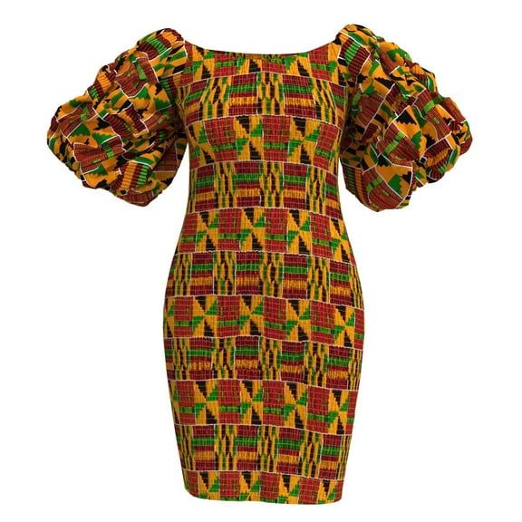 Bintarealwax Women's Sexy Smocked Dress African Print Puff Sleeve Bodycon Mini Dress Club Party Summer
