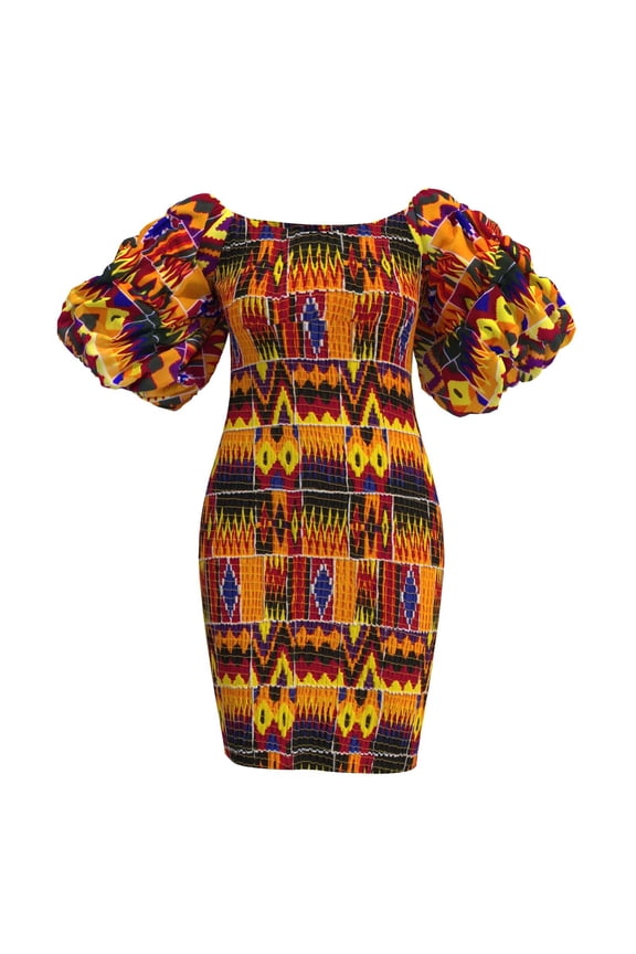Women's Sexy Smocked Dress African Print Puff Sleeve Bodycon Mini Dress Club Party Summer