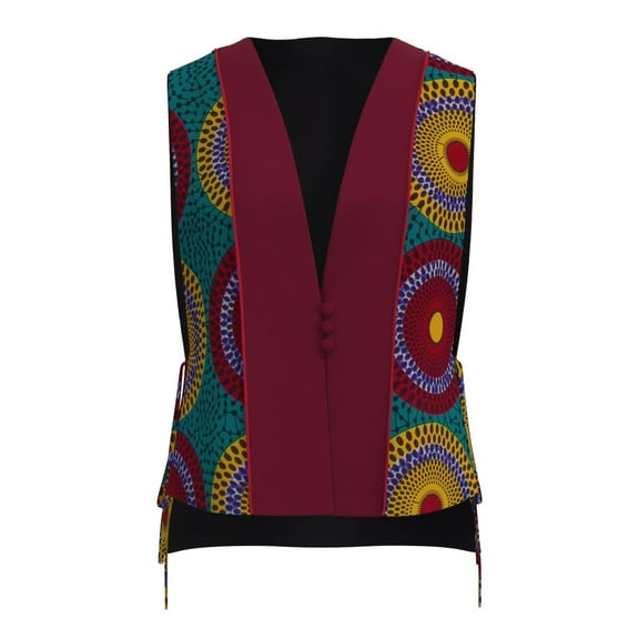 Bintarealwax Women's Tribal Print Vest Sleeveless V Neck Button Down Bow Tie Side Office Waistcoat Outerwear WY11075