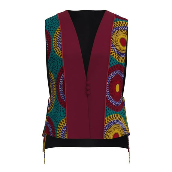 Bintarealwax Women's Tribal Print Vest Sleeveless V Neck Button Down Bow Tie Side Office Waistcoat Outerwear WY11075