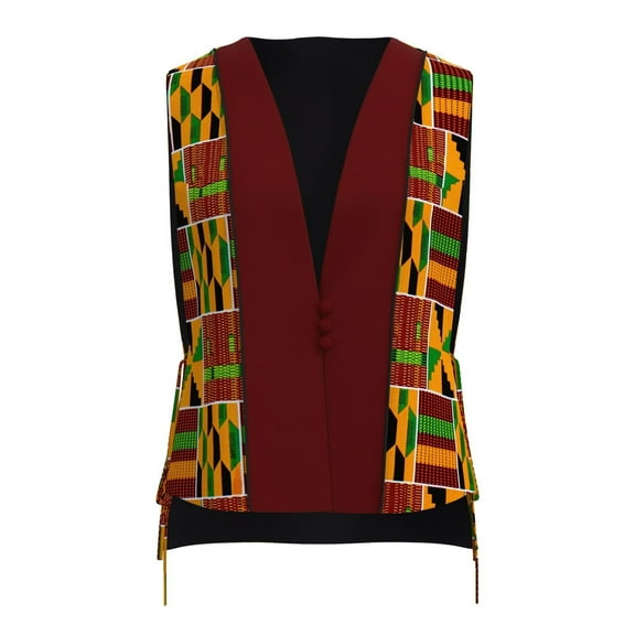 Bintarealwax Women's Tribal Print Vest Sleeveless V Neck Button Down Bow Tie Side Office Waistcoat Outerwear WY11075