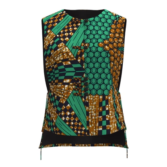 Bintarealwax Women's Tribal Print Vest Sleeveless V Neck Button Down Bow Tie Side Office Waistcoat Outerwear WY11077