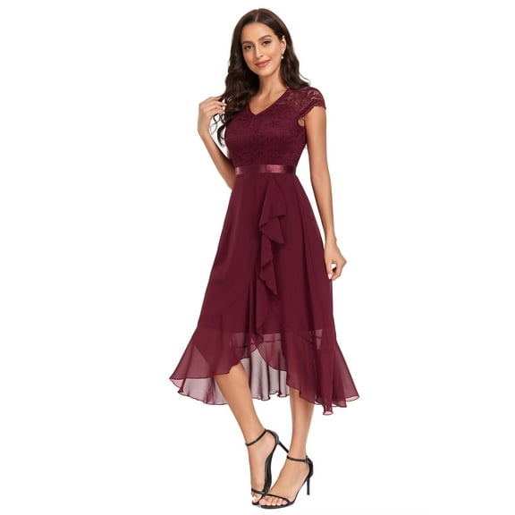 Bintarealwax Women's V-Neck Dress for Wedding Guest Floral Lace Prom Cocktail Party Formal Bridesmaid Dress