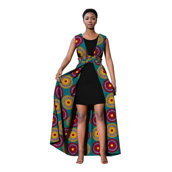 Bintarealwax Women’s Vest Dresses African Kente Print Sleeveless Elastic Waist Front Open Slit Long Dresses WY11071