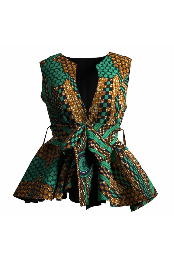 Womens Dashiki Tops Sleeveless Summer African Printed Slim Fit Shirts Blouse Ankara Traditional Coat with Belt WY11069