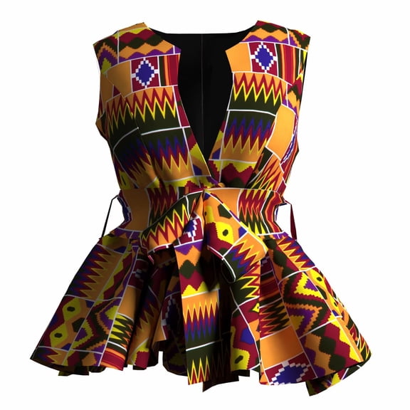 Bintarealwax Womens Dashiki Tops Sleeveless Summer African Printed Slim Fit Shirts Blouse Ankara Traditional Coat with Belt WY11069