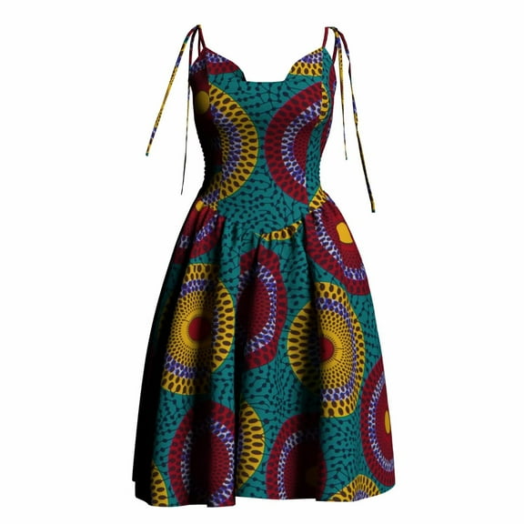 Bintarealwax Womens Tie Strap Dress Summer African Print Ankara Sleeveless Smocked A Line Swing Mini Dress