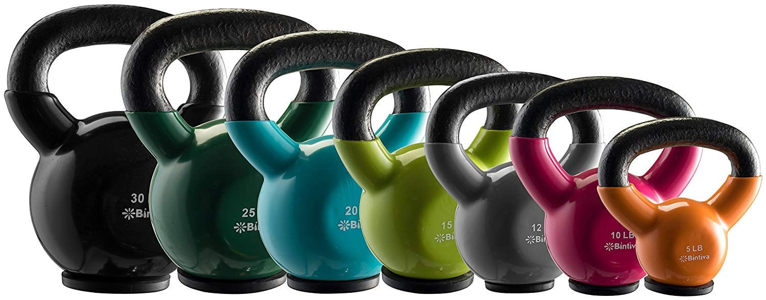 Bintiva Professional Grade, Vinyl Coated, Solid Cast Iron Kettlebell Weights with a Special Protective Bottom