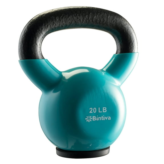 Bintiva Professional Grade, Vinyl Coated, Solid Cast Iron Kettlebells - Blue 20 Lb.