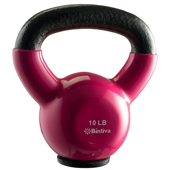 Bintiva Professional Grade, Vinyl Coated, Solid Cast Iron Kettlebells - Strawberry 10lb