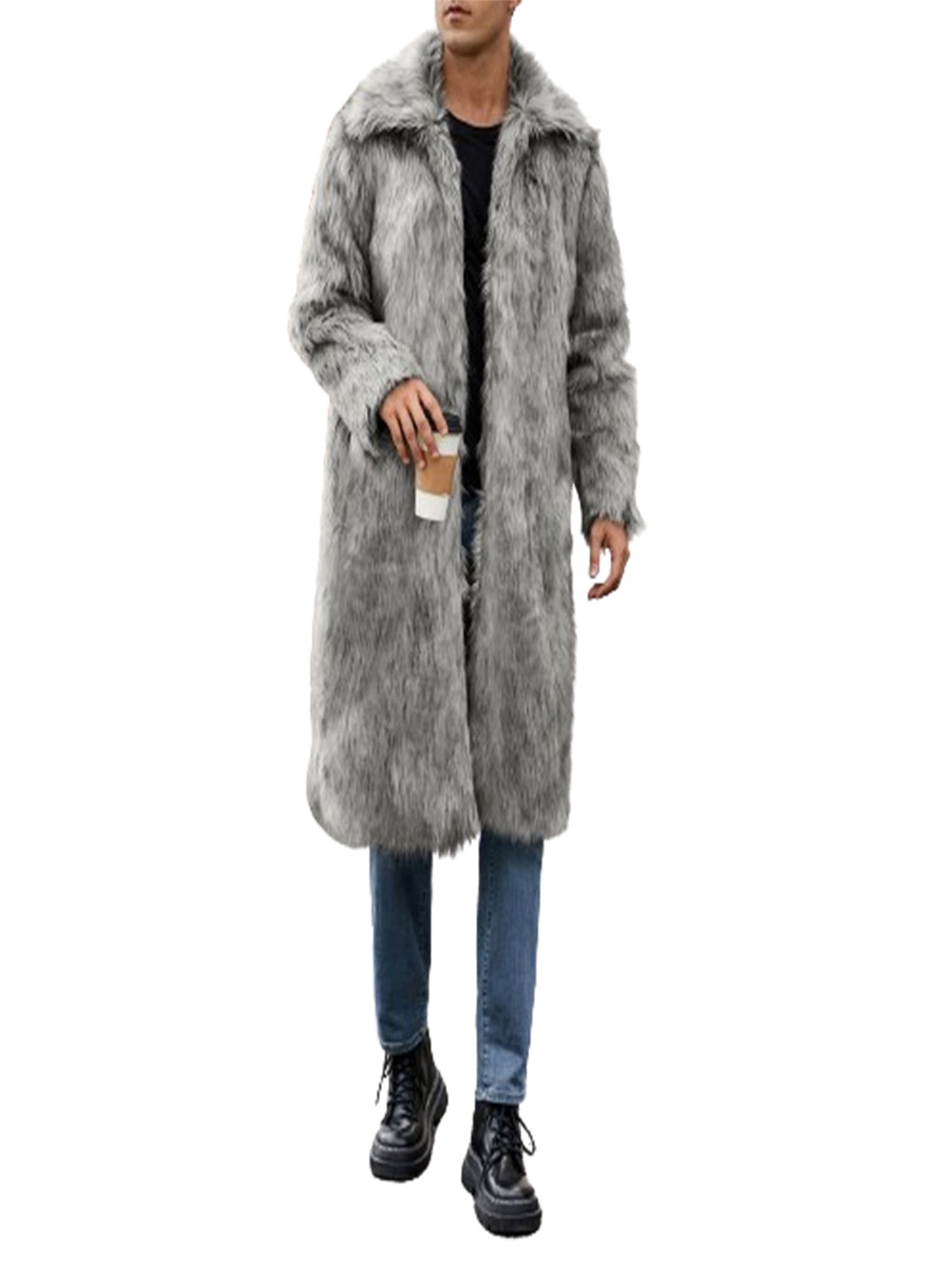 Binwwede Men s Faux Fur Coat Casual Long Sleeve Lapel Neck Long Jacket Winter Warm Outwear for Winter Fall Walmart