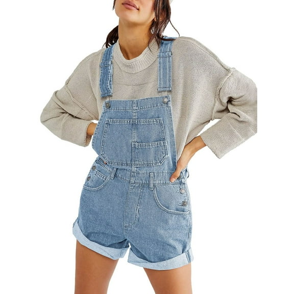 Binwwede Women's Denim Classic Adjustable Straps Cuffed Hem Bib Overalls Shortalls S-2XL
