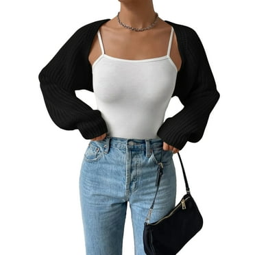 Binwwede Women's Open Front Cropped Cardigan Long Sleeve Solid Color Ribbed Knit Shrug Sweater Bolero Tops