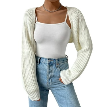 Binwwede Women's Open Front Cropped Cardigan Long Sleeve Solid Color Ribbed Knit Shrug Sweater Bolero Tops