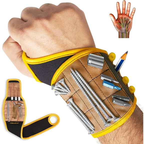 BinyaTools Magnetic Wristband with 9 Neodymium Magnets for Screws Nails Drill Bits, Brown, 17.9 x 3.9 inches