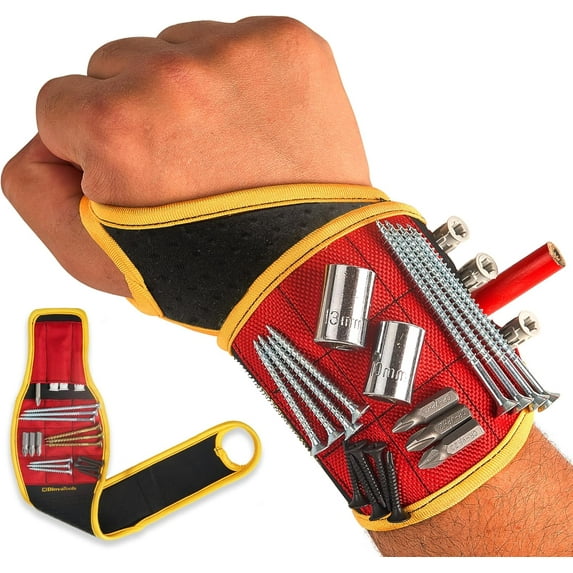 BinyaTools Magnetic Wristband with 9 Neodymium Magnets for Screws Nails Drill Bits, Red, 17.9 x 3.9 inches