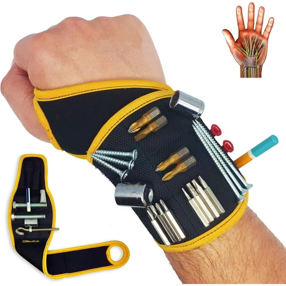 BinyaTools Magnetic Wristband with 9 Neodymium Magnets for Screws Nails Drill Bits, Black, 17.9 x 3.9 inches